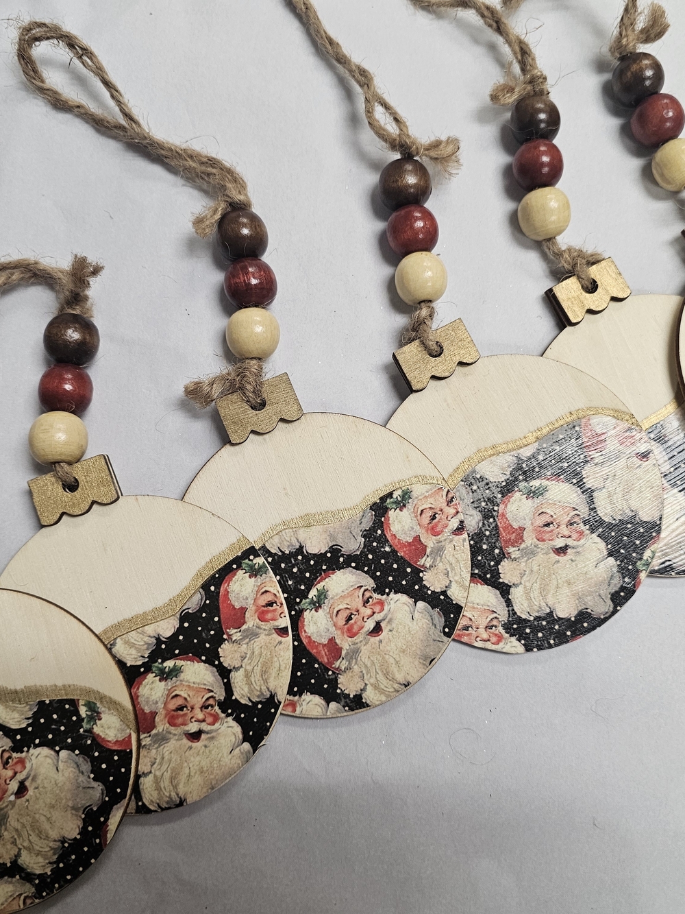 Santa Wooden Ornament Set with Beaded Jute Hangers - Red, Brown, Natural
